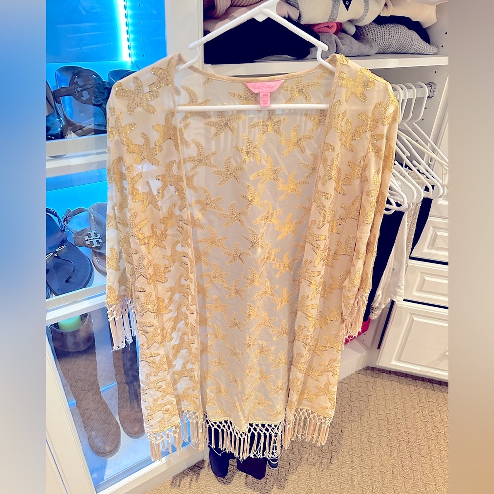 LILLY PULITZER 'NOELLE' Oyster Shell Metallic Starfish KIMONO w/ Fringe